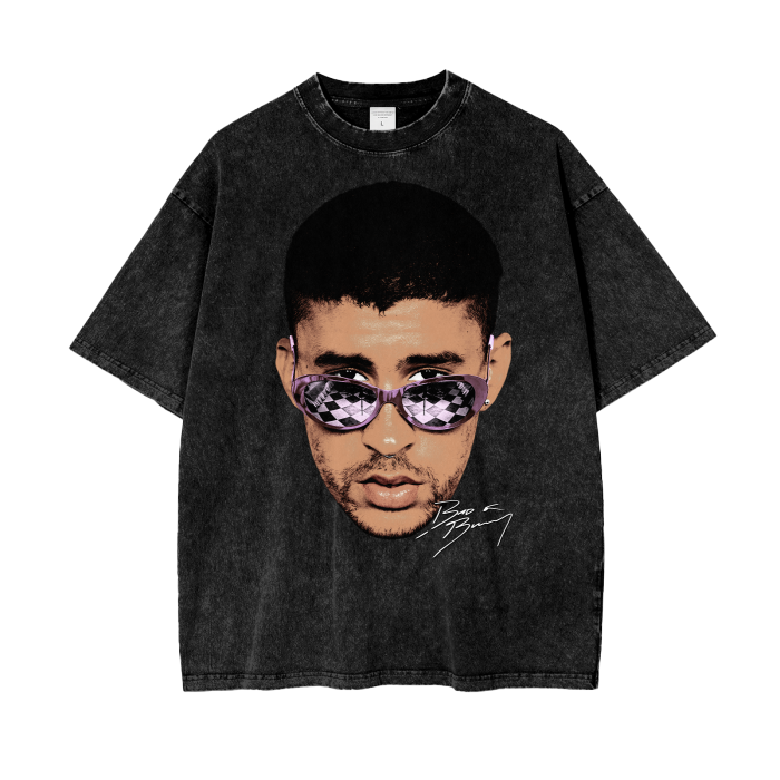 Bad Bunny Big Face Tee, Front Shirt, Black Tee, Acid Wash Tee, Vintage Tee, Oversize Tee