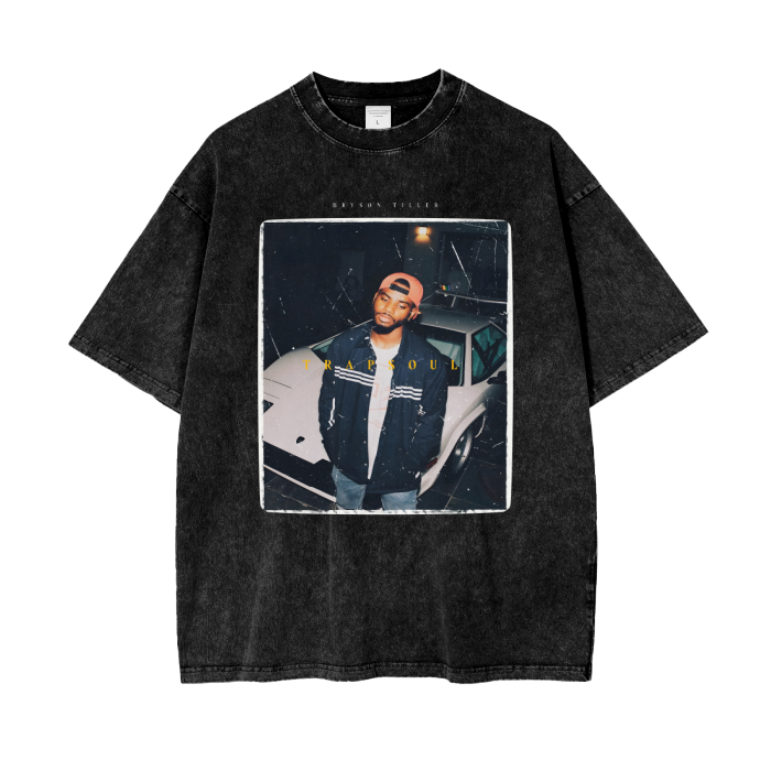 T R A P S O U L Bryson Tiller Tee, Front Shirt, Black Tee, Acid Wash Tee, Vintage Tee, Orange Font