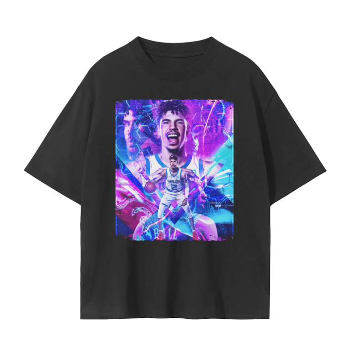 Charlotte Hornets LaMelo Ball Tee, Front Shirt, Black Tee, Drop Shoulder Seamless Tee